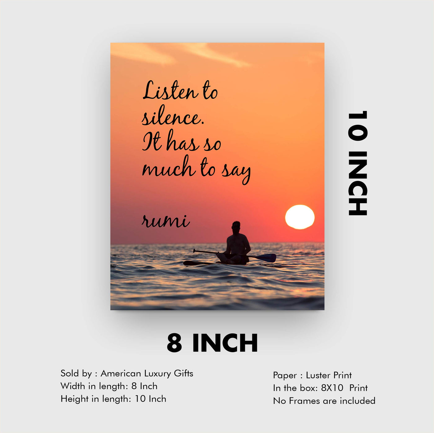 Listen to Silence-It Has Much to Say-Rumi Inspirational Quotes Wall Sign-8 x 10" Ocean Sunset Print-Ready to Frame. Modern Typographic Design. Home-Office-Dorm-Beach Decor. Great for Inspiration!