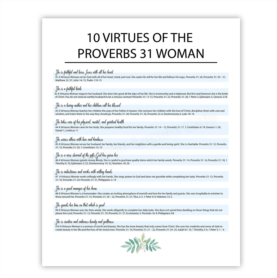 Ten Virtues of the Proverbs 31 Woman-Bible Verse Wall Art Sign -11 x 14" Scripture Wall Print-Ready to Frame. Inspirational Home-Office-Church Decor. Great Religious Gift for Christian Women!
