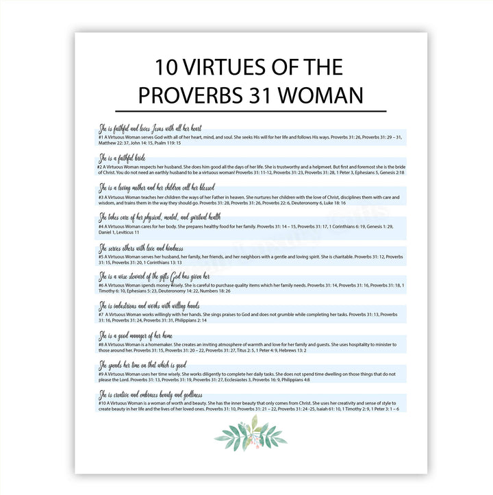 Ten Virtues of the Proverbs 31 Woman-Bible Verse Wall Art Sign -11 x 14" Scripture Wall Print-Ready to Frame. Inspirational Home-Office-Church Decor. Great Religious Gift for Christian Women!