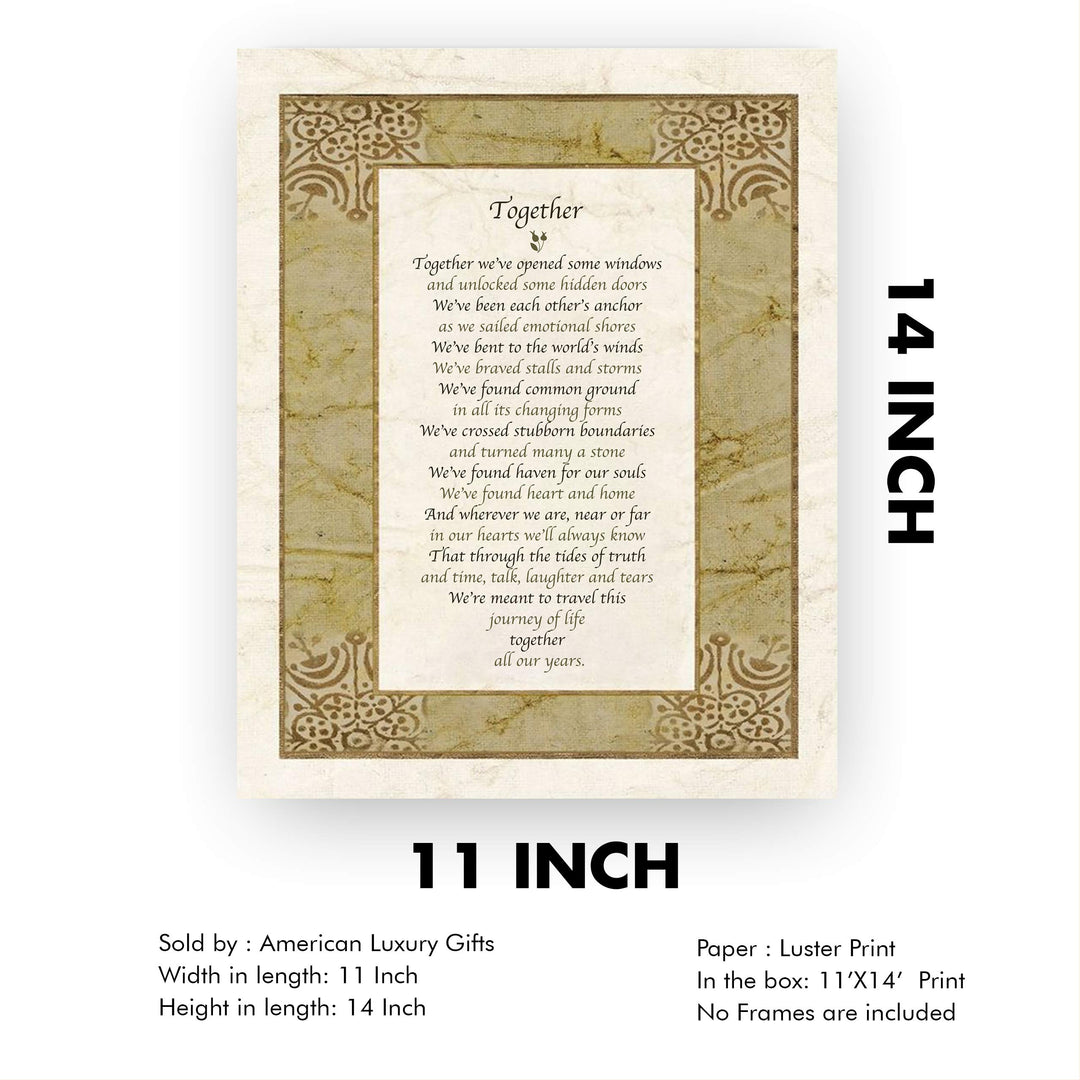 Together-Poetic Wall Art -11 x 14" Love and Marriage Poem Print w/Distressed Parchment Design-Ready to Frame. Perfect for Spouse-Newlywed-Life Partners. Great Wedding-Anniversary Gift for Couples!