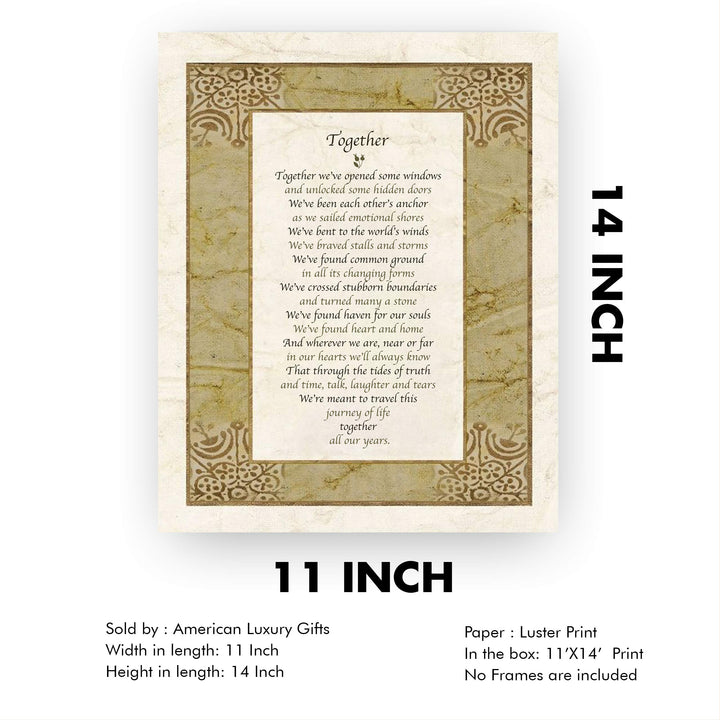 Together-Poetic Wall Art -11 x 14" Love and Marriage Poem Print w/Distressed Parchment Design-Ready to Frame. Perfect for Spouse-Newlywed-Life Partners. Great Wedding-Anniversary Gift for Couples!