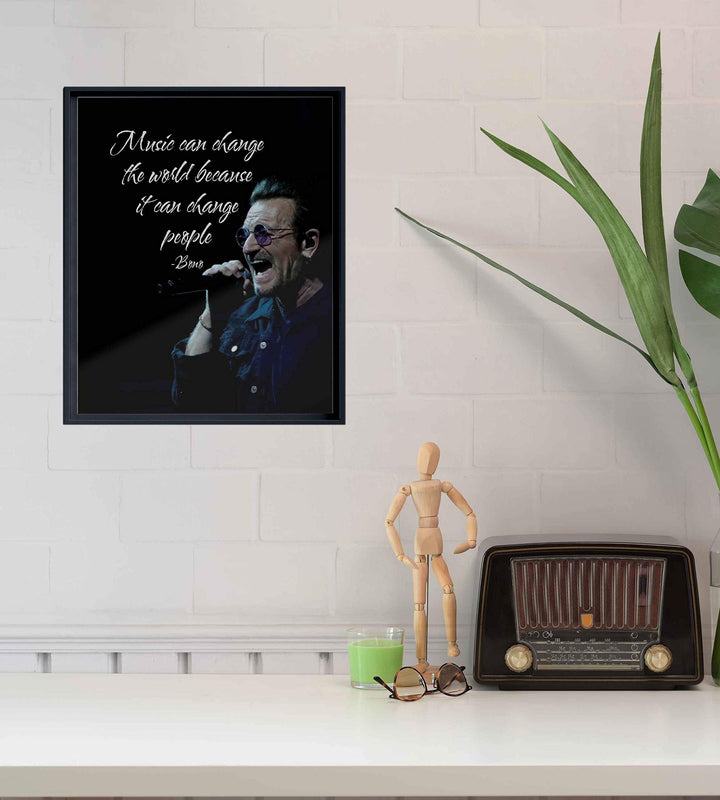 Bono-"Music Can Change the World-People"-Inspirational Quotes Wall Art-8 x 10" Retro Typographic Silhouette Print-Ready to Frame. Home-Office-Studio-Bar-Cave Decor. Perfect for U2 &amp; All Rock Fans!