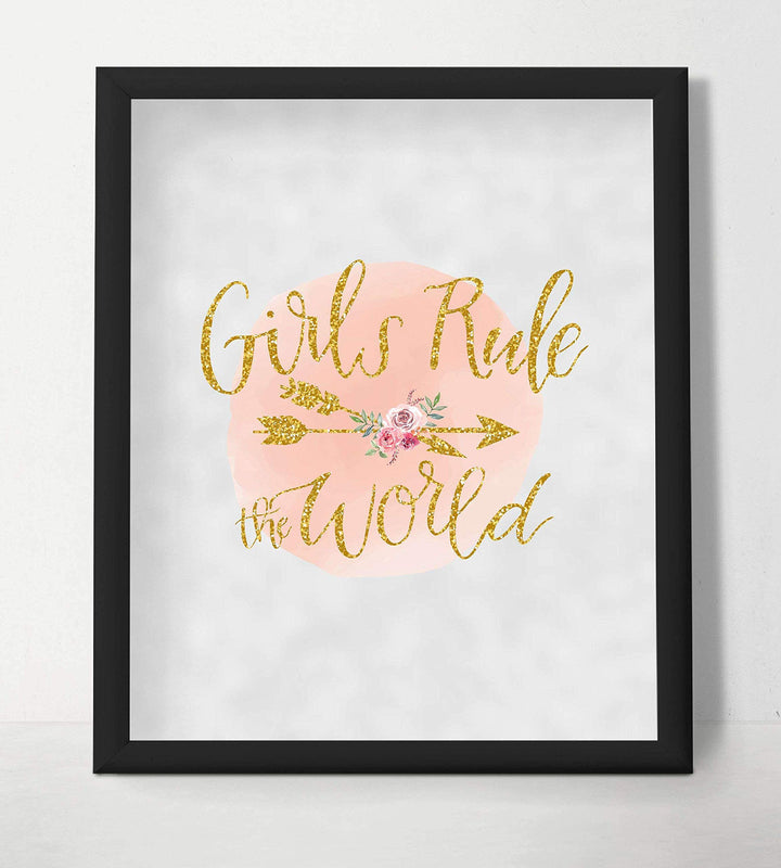 Girls Rule The World- 8 x 10"- Inspirational Wall Art- Ready to Frame. Gold Glitter-Floral Design Print- Home-Bedroom-Office D?cor. Perfect Fun Gift To Encourage Girls, Young Ladies &amp; Teens.