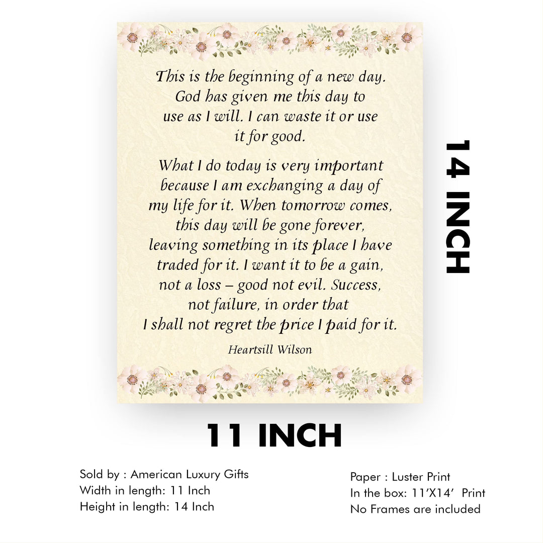 This Is the Beginning of New Day Inspirational Quotes Wall Art Sign -11 x 14" Pink Floral Wall Print -Ready to Frame. Motivational Home-Office-Christian Decor &amp; Gifts. Quote by Heartsill Wilson.