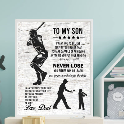 "To My Son -Never Lose- Win or Learn" Inspirational Family Wall Art Sign -11x14" Typographic Sports Poster Print -Ready to Frame. Loving Message for Any Son. Great Keepsake Gift Love Dad!