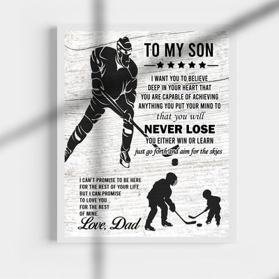 "To My Son -Never Lose- Win or Learn" Inspirational Family Wall Art Sign -11x14" Typographic Sports Poster Print -Ready to Frame. Loving Message for Any Son. Great Keepsake Gift Love Dad!