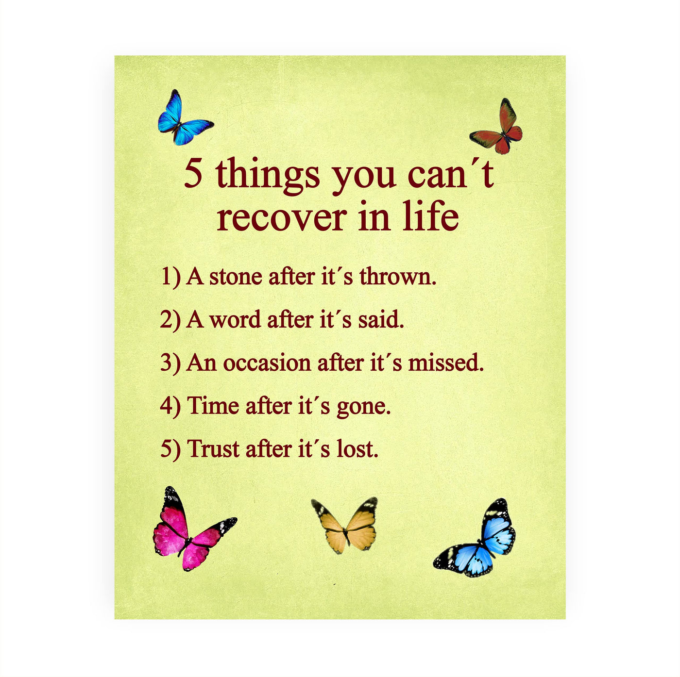 5 Things You Can't Recover In Life Inspirational Quotes Wall Sign-8 x 10" Motivational Butterfly Print-Ready to Frame. Modern Typographic Design. Positive Home-Office-School Decor. Great Reminders!