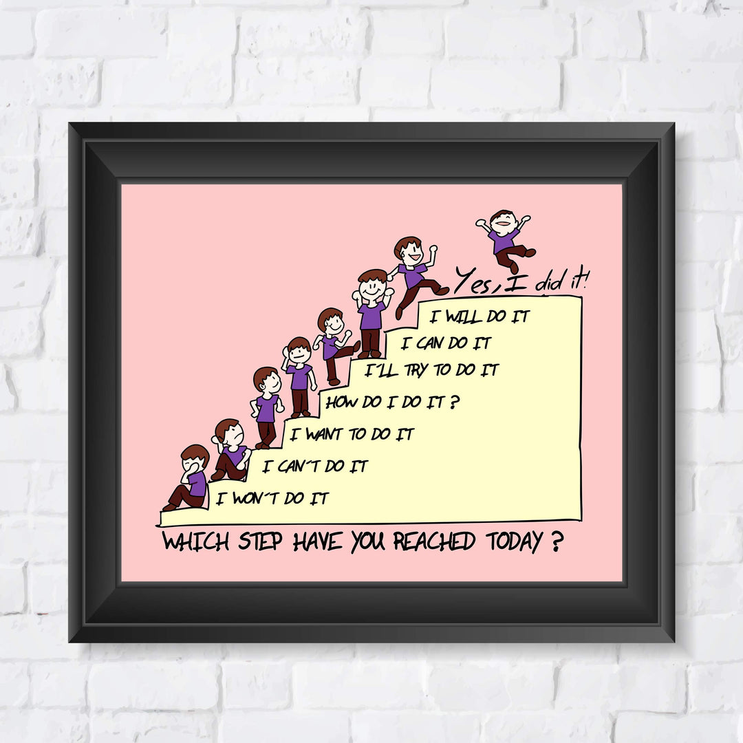 Which Step Have You Reached Today Motivational Classroom Wall Decor -10 x 8" Typographic Cartoon Art Print-Ready to Frame. Inspirational Home-Office-Desk-School Decor. Great Gift for All Teachers!