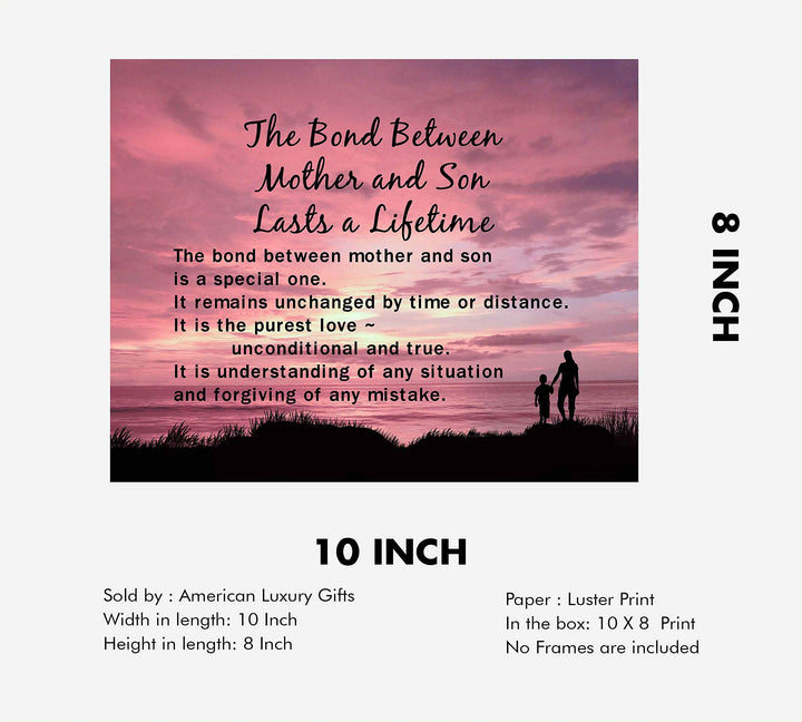 Bond Between Mother &amp; Son Lasts A Lifetime Inspirational Wall Art Sign -10 x 8" Typographic Poster Print-Ready to Frame. Lifetime Keepsake for Any Son On Any Occasion. Great Graduation Gift!