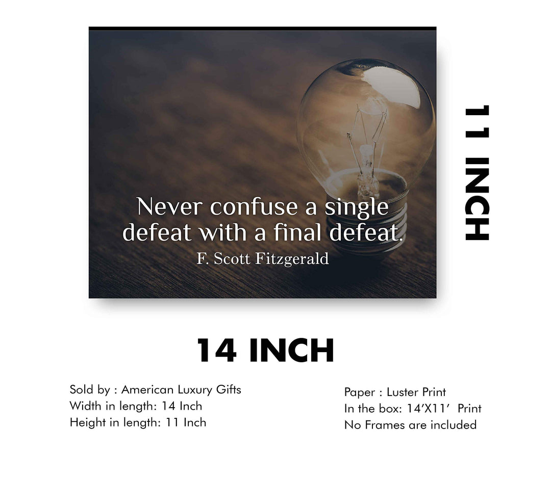 Never Confuse A Single Defeat With A Final Defeat" F. Scott Fitzgerald Quotes-14 x 11" Inspirational Wall Art Print-Ready to Frame. Motivational Home-Office-Studio-Dorm Decor. Great Literary Gift!
