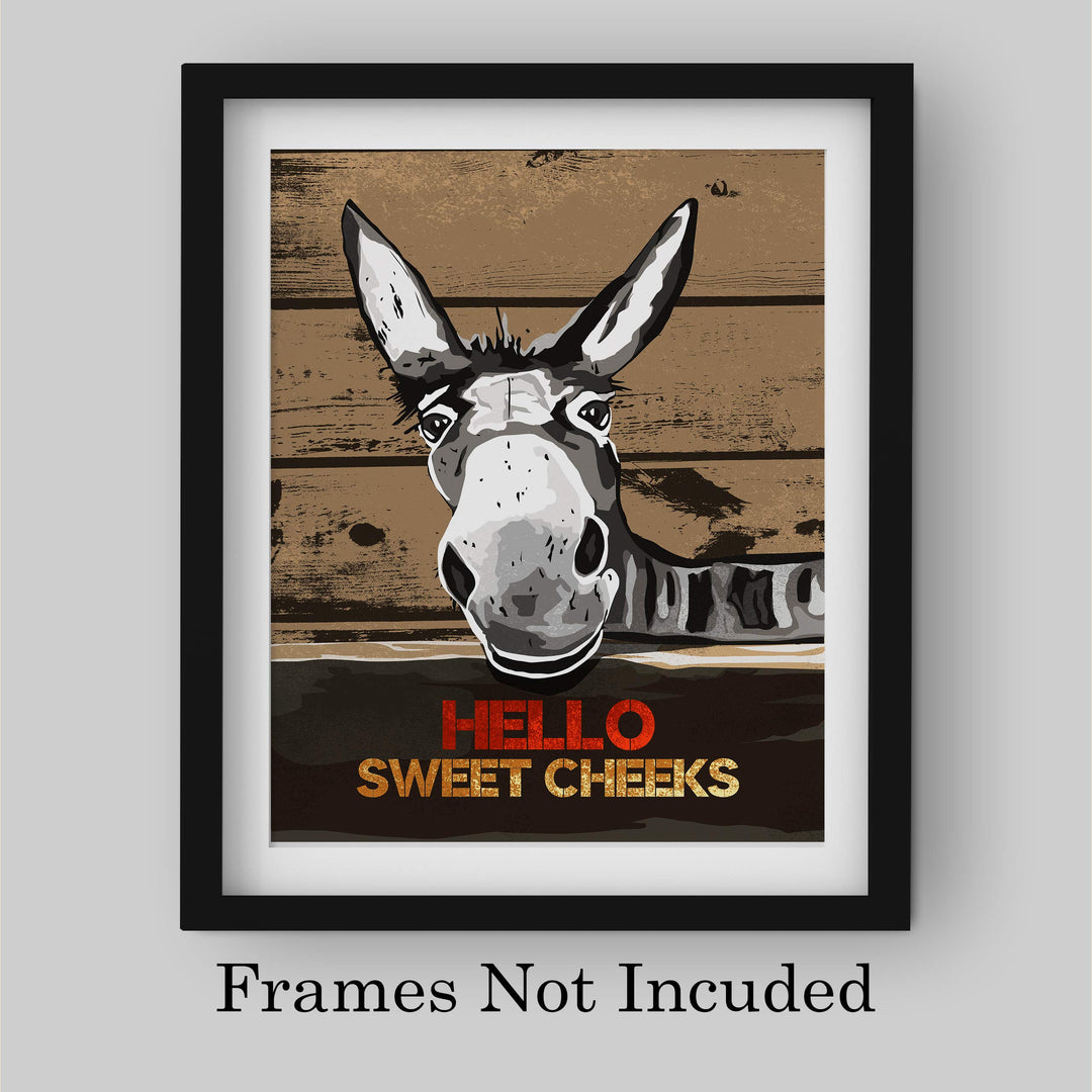 Hello Sweet Cheeks-Funny Bathroom Wall Sign -8 x 10" Country Rustic Donkey Art Print w/Replica Wood Design-Ready to Frame. Humorous Decor for Home-Office-Guest Bathroom! Printed on Photo Paper.