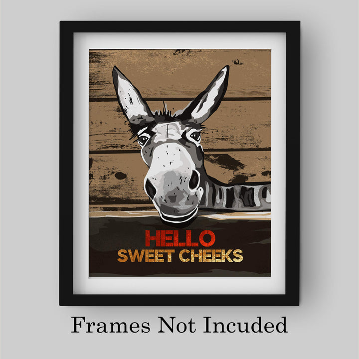 Hello Sweet Cheeks-Funny Bathroom Wall Sign -8 x 10" Country Rustic Donkey Art Print w/Replica Wood Design-Ready to Frame. Humorous Decor for Home-Office-Guest Bathroom! Printed on Photo Paper.
