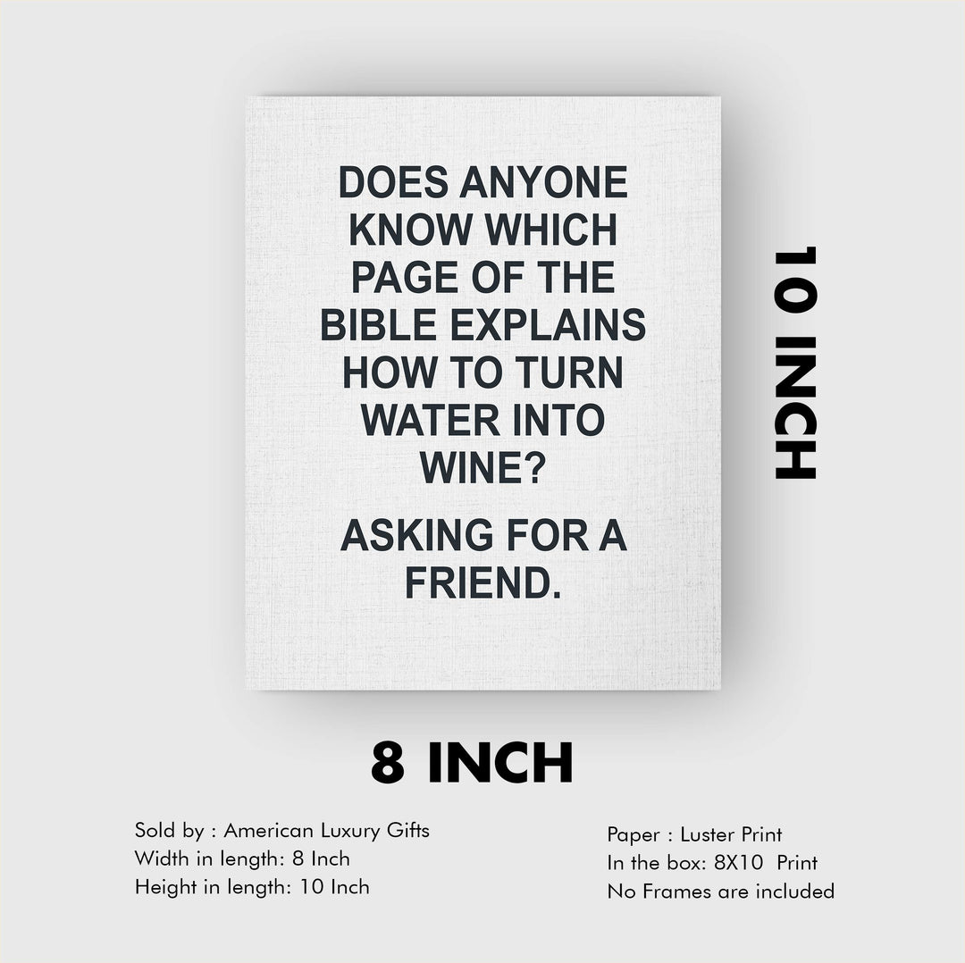 Which Page in Bible Explains How to Turn Water Into Wine -Funny Wine Sign -8 x 10" Modern Typographic Wall Art Print-Ready to Frame. Humorous Decor for Home-Kitchen-Dining-Bar-Cave. Great Gift!