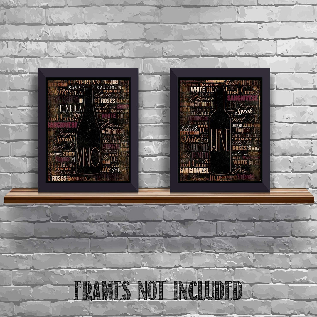 Wine &amp; Vino Bottle Pairing with Variety Names (2)- 8 x 10"s Wall Art Prints- Ready to Frame. Home D?cor, Wine Decor &amp; Kitchen Wall Decor. Perfect For Wine Lovers &amp; Upscale Bars. Show Your Taste!