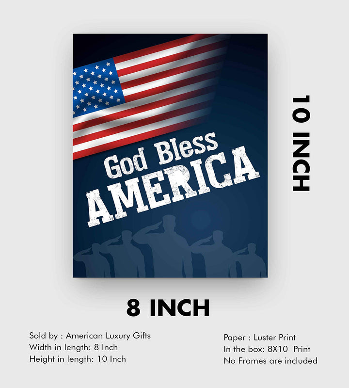 God Bless America-8 x 10" Patriotic Wall Decor-Ready To Frame. Typographic Poster Print w/American Flag &amp; Silhouette of Troops. Ideal Art Decor for Home-Office-Garage-Cave. Display Your Patriotism!