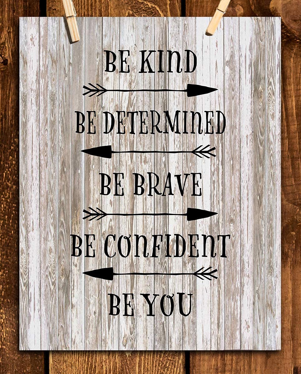 Be Kind-Determined-Brave-You- Inspirational Wall Art- 8 x 10" Print Wall Decor-Ready to Frame. Rustic Typographic Print for Home-Office-School-Lodge. Great Reminders to Be the Best You. Great Gift!