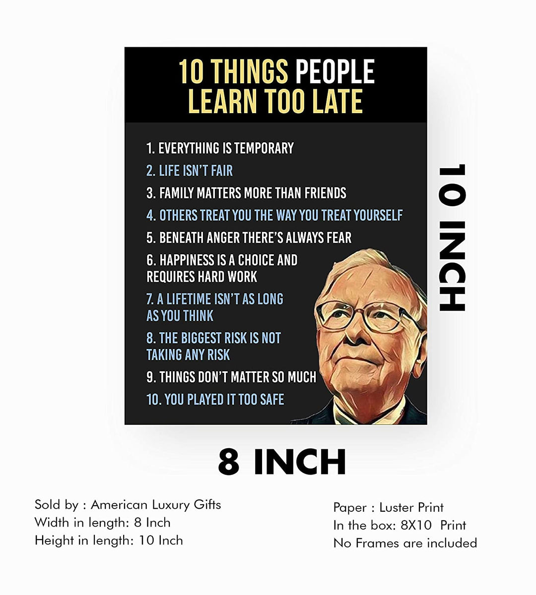 Warren Buffett Quotes-"Ten Things People Learn Too Late"-8 x 10"