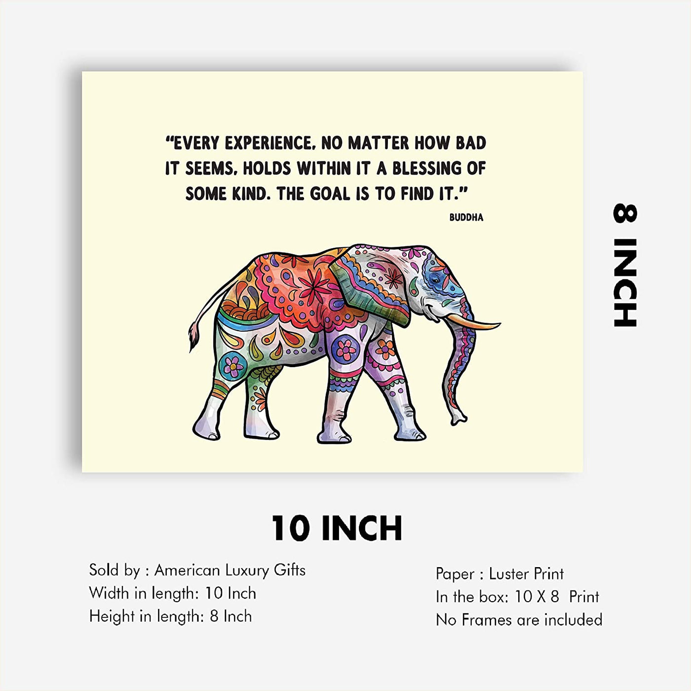 Buddha Quotes & Color Elephant Art Print -"Every Experience is a Blessing"- 8 x 10