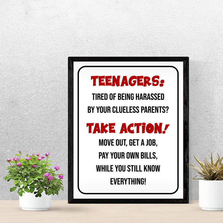 "Teenagers-Take Action, Get a Job" Funny Family Wall Sign -Sarcastic Art Print -Ready to Frame. Humorous Decoration for Home-Kids Bedroom-Teen Decor. Fun Gift -Accessories for Parents!