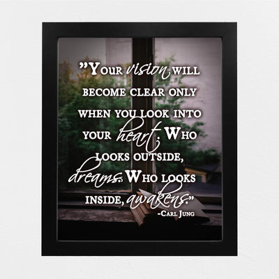 Carl Jung Quotes Wall Art-"Who Looks Outside Dreams-Who Looks Inside Awakens"- 8 x 10"-Typographic Photo Print-Ready to Frame. Home-Office-Classroom Decor. Great Philosophical & Inspirational Sign!