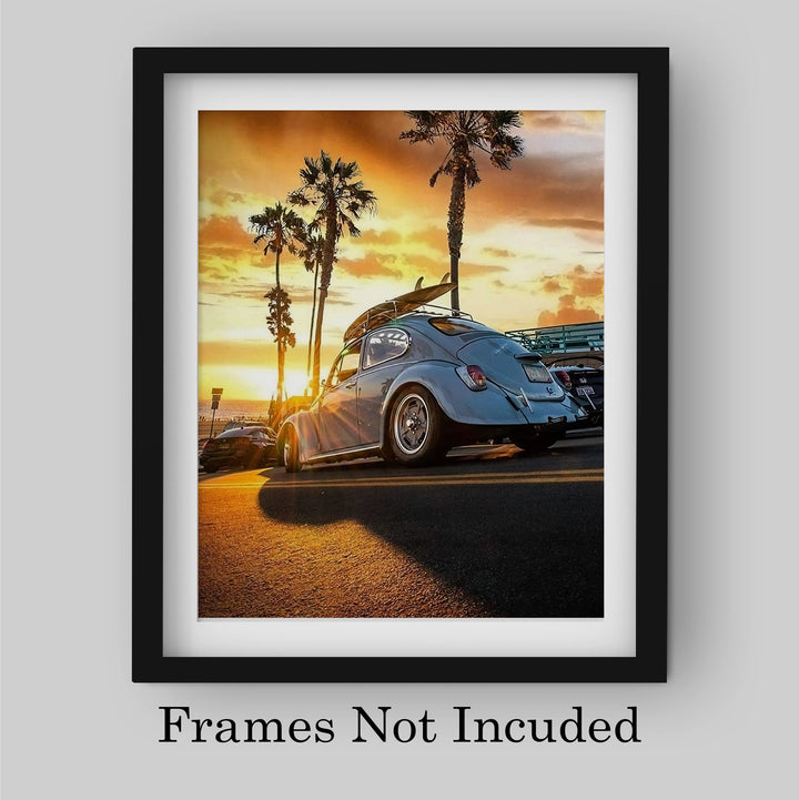 Beetle Car at the Beach Inspirational Beach Sunset Photo Decor -8 x 10" Retro Car Wall Art Print with Surfboard Image -Ready to Frame. Ocean Themed Decoration for Home-Office-Dorm-Beach House!