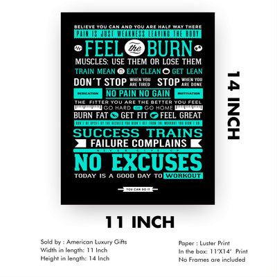 Feel the Burn-No Excuses Motivational Quotes Exercise Wall Sign -11 x 14" Inspirational Fitness Poster Print-Ready to Frame. Positive Decor for Home-Gym-Weight Room. Great Gift of Motivation!