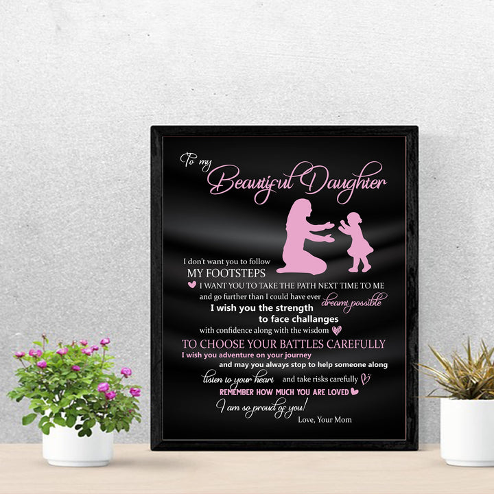 To My Beautiful Daughter -So Proud of You Inspirational Family Wall Art -11 x 14" Rustic Mom &amp; Daughter Silhouette Print -Ready to Frame. Home-Bedroom Decor. Loving, Keepsake Gift for All Daughters!