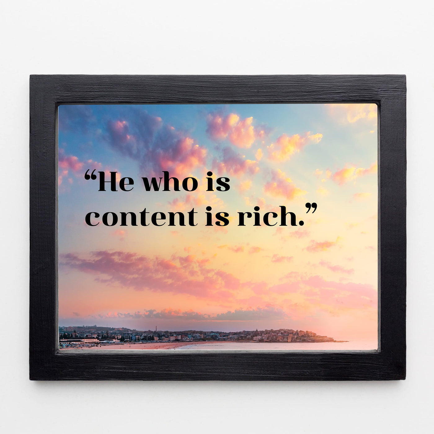 He Who Is Content Is Rich- Inspirational Quotes Wall Art -10 x 8"- Beach Sunset Picture Print -Ready to Frame. Spiritual Decor for Home-Office-School-Ocean Themes. Great Reminder to Be Grateful!