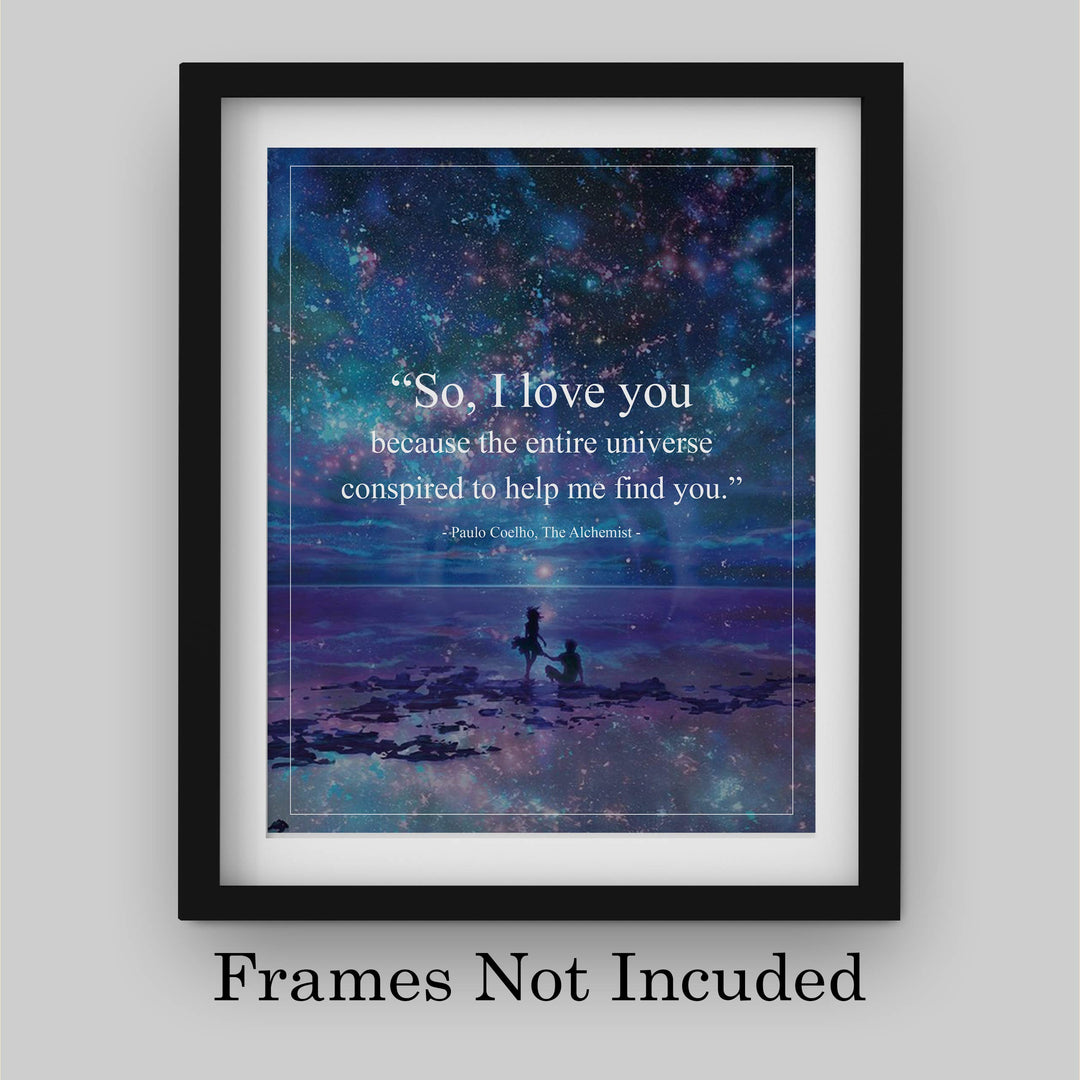 Paulo Coelho Wall Art-"Entire Universe Conspired to Help Me Find You" Book Quote from"The Alchemist"-8x10" Inspirational Starry Night Print-Ready to Frame. Great Gift of Love for Spouse-Partner-BFF!