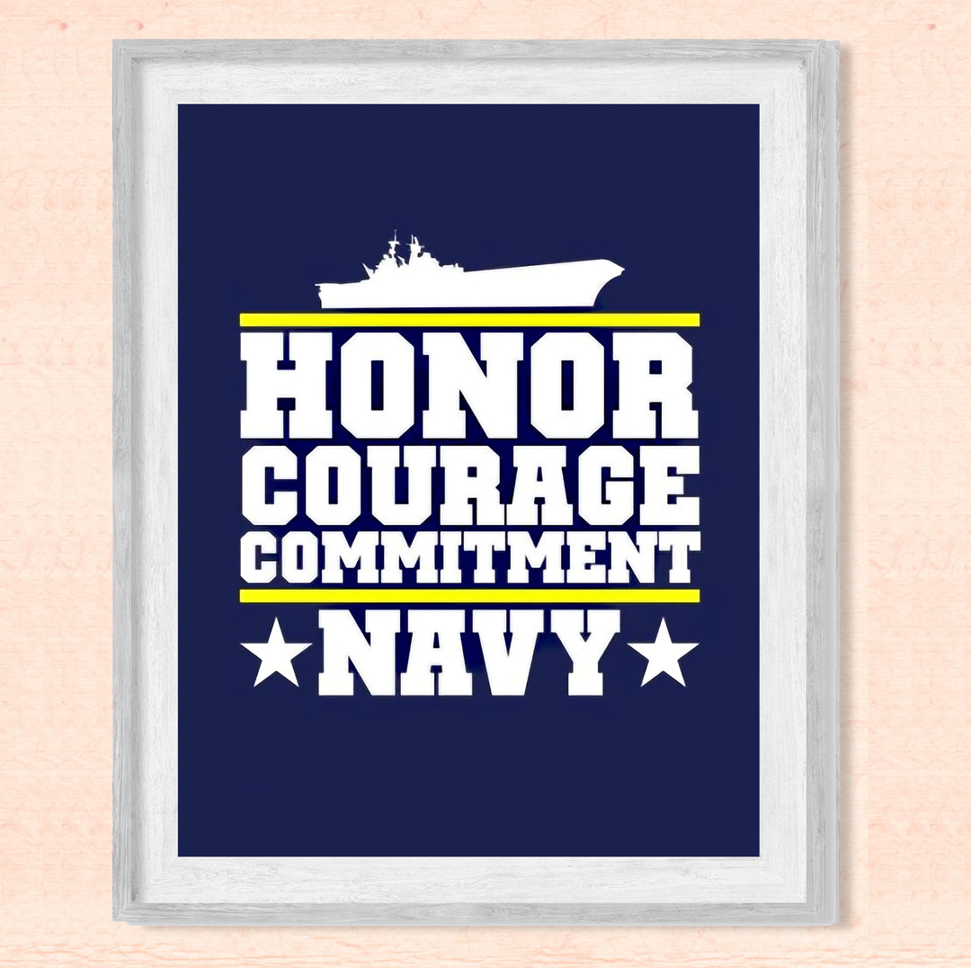 US Navy Quotes"Honor Courage Commitment" Naval Ship Wall Art Sign- 8 x 10" Blue USA Navy Seals Print -Ready To Frame. American Military Decor Poster Print for Home-Office-Garage-Bar-Man Cave Decor.