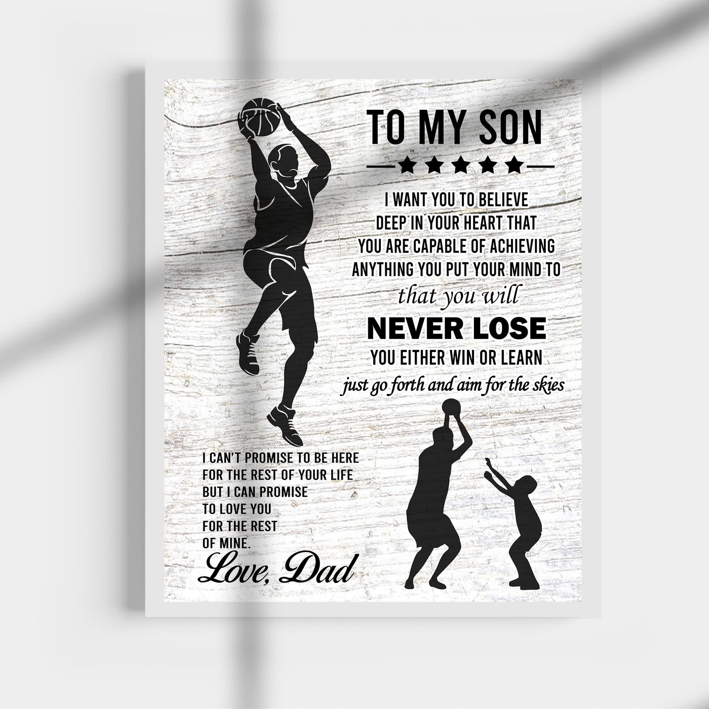 "To My Son -Never Lose- Win or Learn" Inspirational Family Wall Art Sign -11x14" Typographic Sports Poster Print -Ready to Frame. Loving Message for Any Son. Great Keepsake Gift Love Dad!