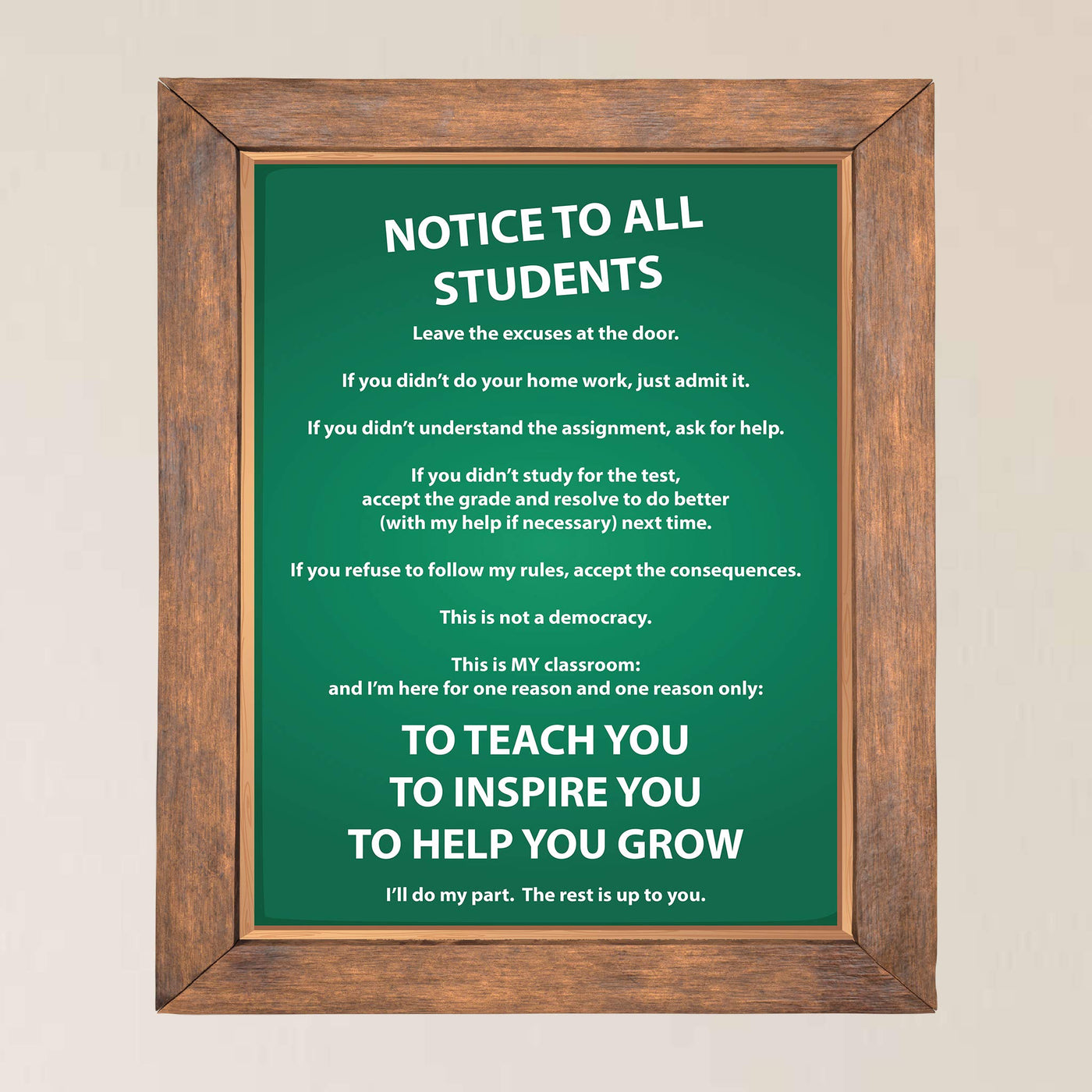 NOTICE TO ALL STUDENTS-Teacher's Quotes Wall Poster- 11 X 14" Wall Art Print-Ready to Frame. Modern Typographic for School-Classroom-Library-Hall D?cor."No Excuses" Manifesto To Teach-Inspire-Grow!