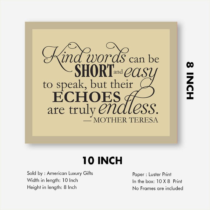 Mother Teresa Quotes-"Kind Words Are Truly Endless"- 10 x 8" Typographic Wall Art Print-Ready to Frame. Modern Home-Office-Studio Decor. Perfect Christian Gift of Inspiration. Kindness Matters!