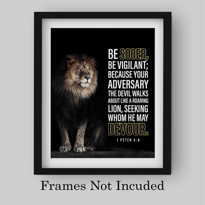 Be Sober-Be Vigilant- 1 Peter 5:8- Bible Verse Wall Art- 8x10"- Modern Scripture Wall Art Print w/Lion Image- Ready to Frame. Motivational Home-Office-Church Decor. Great Christian Gift &amp; Reminder!