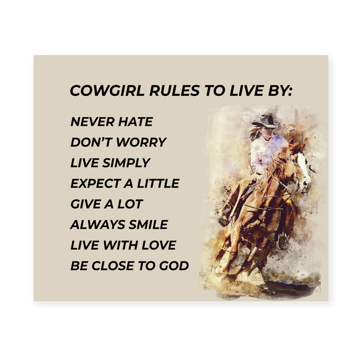 Cowgirl Rules-Never Hate-Live Simply- Western Wall Art Sign- 10 x 8"- Woman Riding Horse Photo Print -Ready to Frame. Country Rustic Decor for Home-Lodge-Camp-Cabin. Great Gift for All Cowgirls!