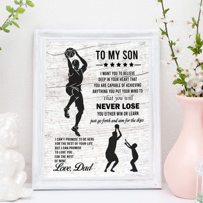 "To My Son -Never Lose- Win or Learn" Inspirational Family Wall Art Sign -11x14" Typographic Sports Poster Print -Ready to Frame. Loving Message for Any Son. Great Keepsake Gift Love Dad!