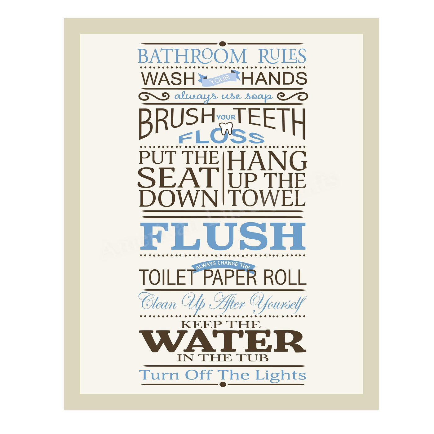 Bathroom Rules: Wash-Brush-Flush-Lights- Fun Bathroom Sign- 11 x 14" Print Wall Art-Ready to Frame. Classy Home & Bathroom D?cor- Housewarming Wall Print. Perfect For Guests & Kids Bathrooms.