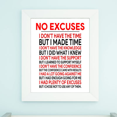 No Excuses Motivational Exercise Wall Art Sign -11 x 14" Inspirational Fitness Poster Print -Ready to Frame. Perfect Decoration for Home-Gym-Weight-Locker Room Decor. Great Gift of Motivation!