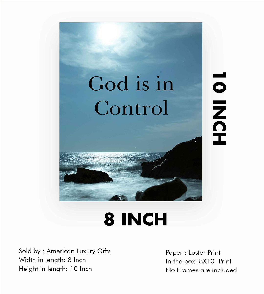 God Is In Control?-Inspirational Christian Wall Art-8 x 10 Typographic Print with Ocean Photo-Ready to Frame. Religious Decor for Home-Office-Church. Great Spiritual Gift &amp; Reminder to Have Faith!