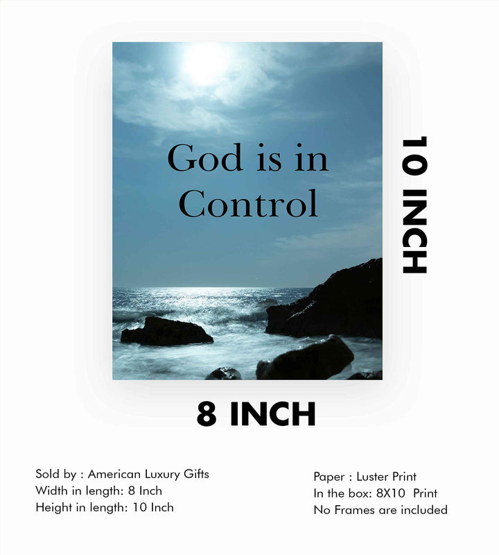 God Is In Control?-Inspirational Christian Wall Art-8 x 10 Typographic Print with Ocean Photo-Ready to Frame. Religious Decor for Home-Office-Church. Great Spiritual Gift &amp; Reminder to Have Faith!