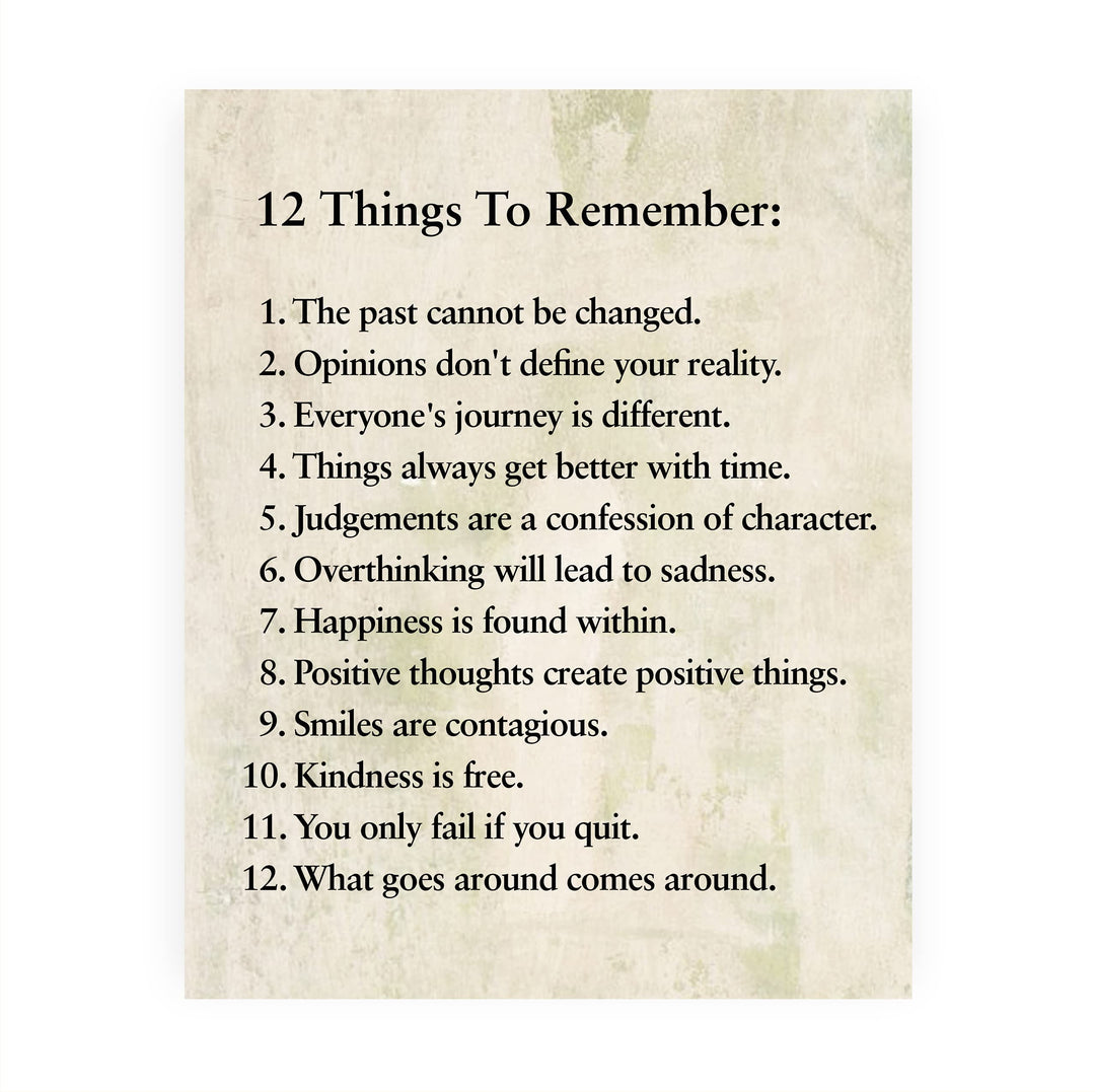 "12 Things To Remember"- Inspirational Wall Art- 8 x 10" Print Wall Decor -Ready to Frame. Modern Typographic Print for Home-Office-School Decor. Great Positive Thinking &amp; Graduation Gift!