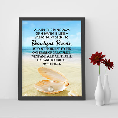 Kingdom of Heaven-Like Seeking Beautiful Pearls-Bible Verse Wall Art-8 x 10"-Christian Beach Print w/Clam Shell Image-Ready to Frame. Scripture Print for Home-Office-Church Decor! Matthew 13:45-46.