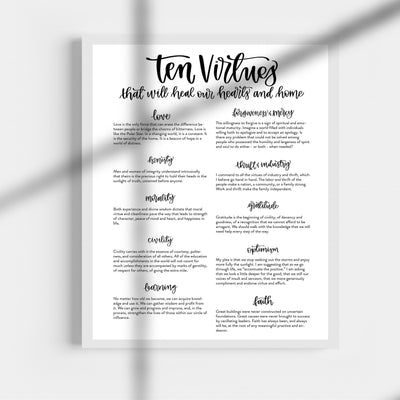 Ten Virtues That Will Heal Our Hearts & Home -Christian Wall Art Sign- 11 x 14" Inspirational Poster Print -Ready to Frame. Home-Office-Church-Welcome Decor. Perfect Rules of Faith & Family!