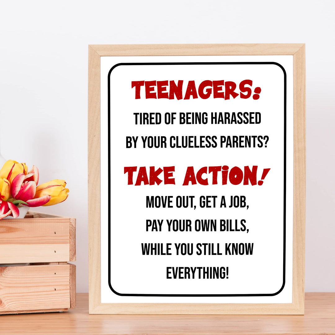 "Teenagers-Take Action, Get a Job" Funny Family Wall Sign -Sarcastic Art Print -Ready to Frame. Humorous Decoration for Home-Kids Bedroom-Teen Decor. Fun Gift -Accessories for Parents!