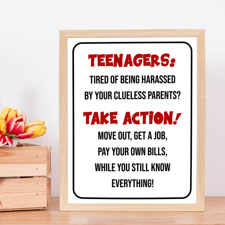 "Teenagers-Take Action, Get a Job" Funny Family Wall Sign -Sarcastic Art Print -Ready to Frame. Humorous Decoration for Home-Kids Bedroom-Teen Decor. Fun Gift -Accessories for Parents!
