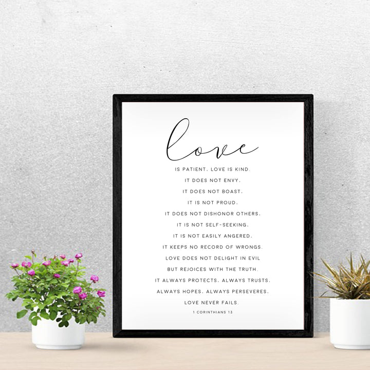"Love is Patient &amp; Kind"- Christian Bible Verse Wall Art Decor -Scripture Typography Print- Ready to Frame. Home-Office Decor. Perfect Wedding &amp; Anniversary Gift! 1 Corinthians 13:4–8.