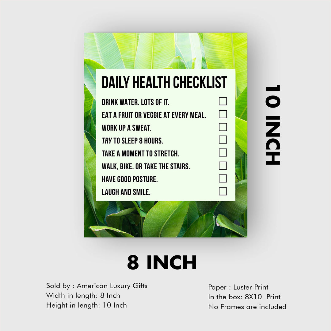 Daily Health Checklist-Motivational Quotes Wall Art-8 x 10" Typographic Diet-Exercise-Fitness Print-Ready to Frame. Home-Office-Gym-Locker Room-Classroom Decor. Perfect Sign for Motivation!