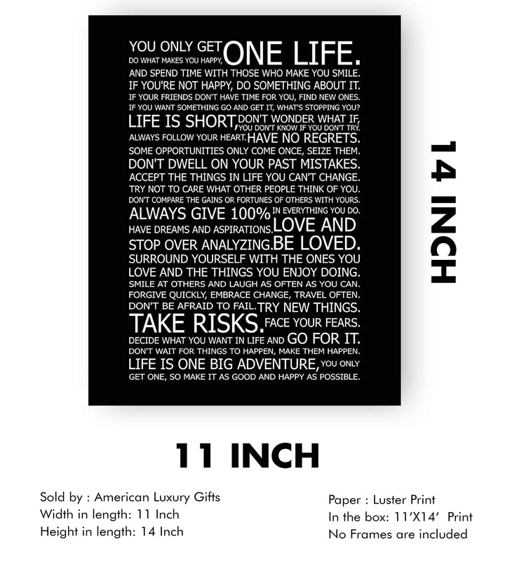 You Only Get One Life-Rules For Happy Life-Poster Print. 11 x 14" Wall Art Decor-Ready to Frame. Modern Typographic Decor For Home-Office-School. Great Reminders To Find Happiness &amp; Inspiration!