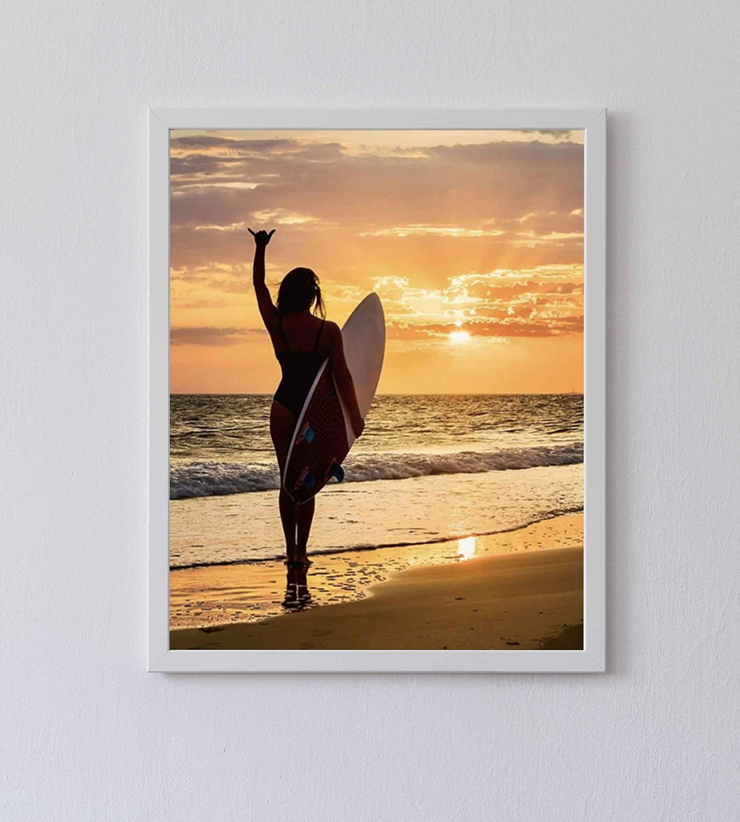 Mahala Surfer Girl-"Hang Loose"-Beach Sunset Image-8 x 10" Wall Art Print-Ready to Frame. Modern Home-Office-Studio-Beach House D?cor. Perfect Wall Print for Beach, Ocean and Surfing Themes!