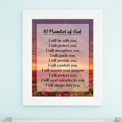 10 Promises of God Motivational Christian Wall Art -11 x 14" Floral Sunrise Print-Ready to Frame. Typographic Design. Inspirational Home-Office-Church-School Decor. Great Religious Gift of Faith!